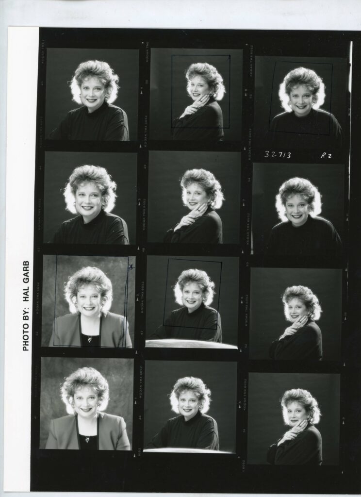Contact sheet of Fran Linhart posing for glamor shots. Courtesy of Hal Garb