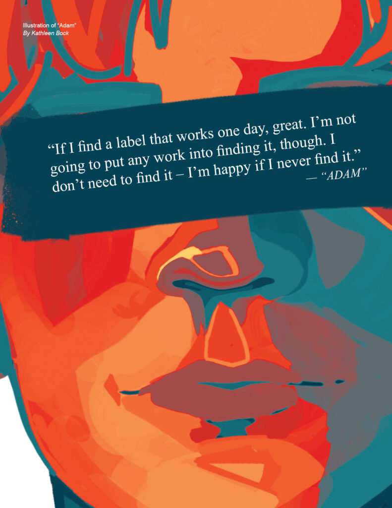 A multi-color illustration of a person looking directly to the viewer, their eyes are covered by a brushstroke.