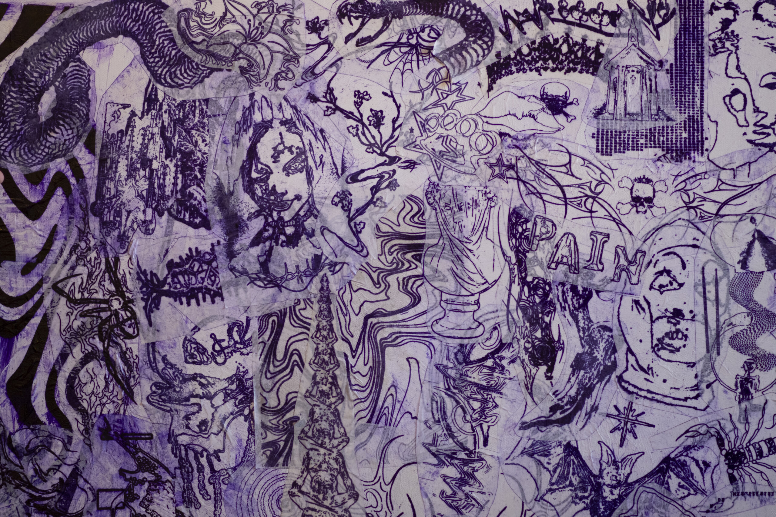 TOOF keeps tattoo stencils and arranges them on a large canvas to commemorate tattoos she has done. Photo by Maya Modelli